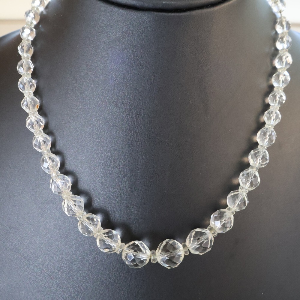 Vintage Graduated Faceted Clear Crystal Bead Necklace Filigree Clasp 18 Inch